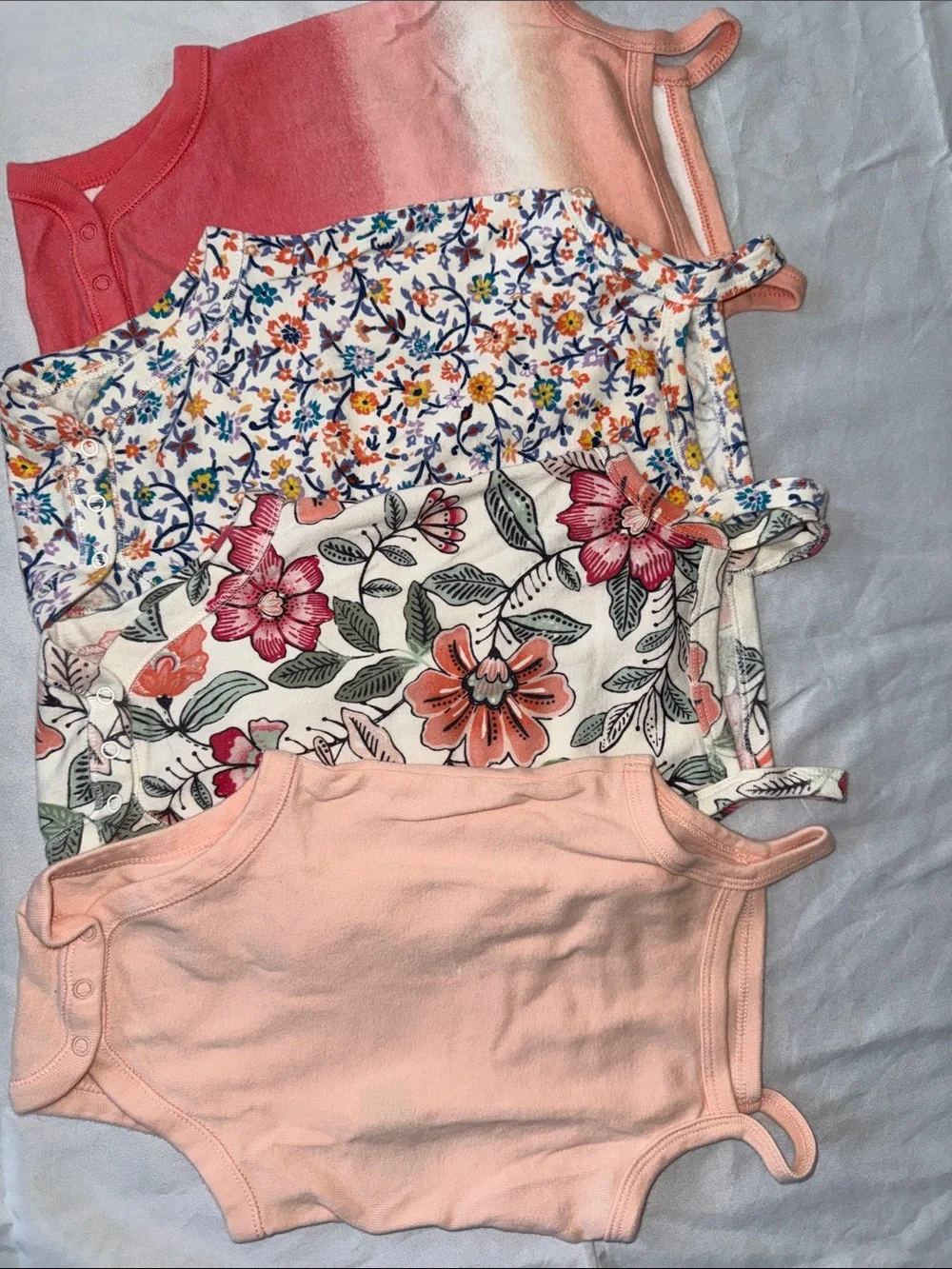 Baby Girl Floral & Peach Sleeveless Onesies - 4 Pack